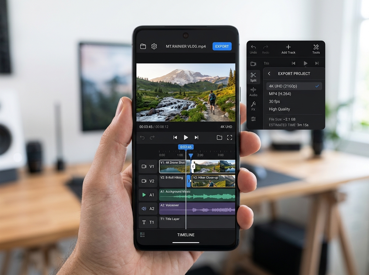 professional mobile video editing interface with multi-layer timeline and 4K export options - video editing app no watermark