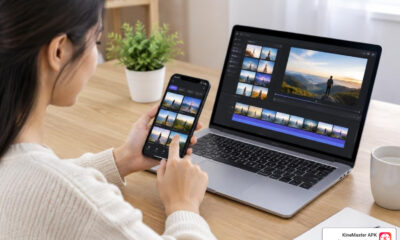 creator browsing video templates on a phone and laptop