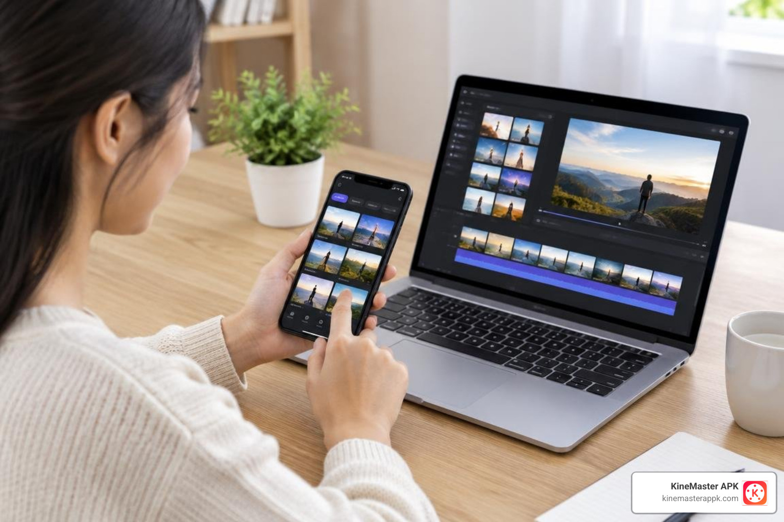 creator browsing video templates on a phone and laptop