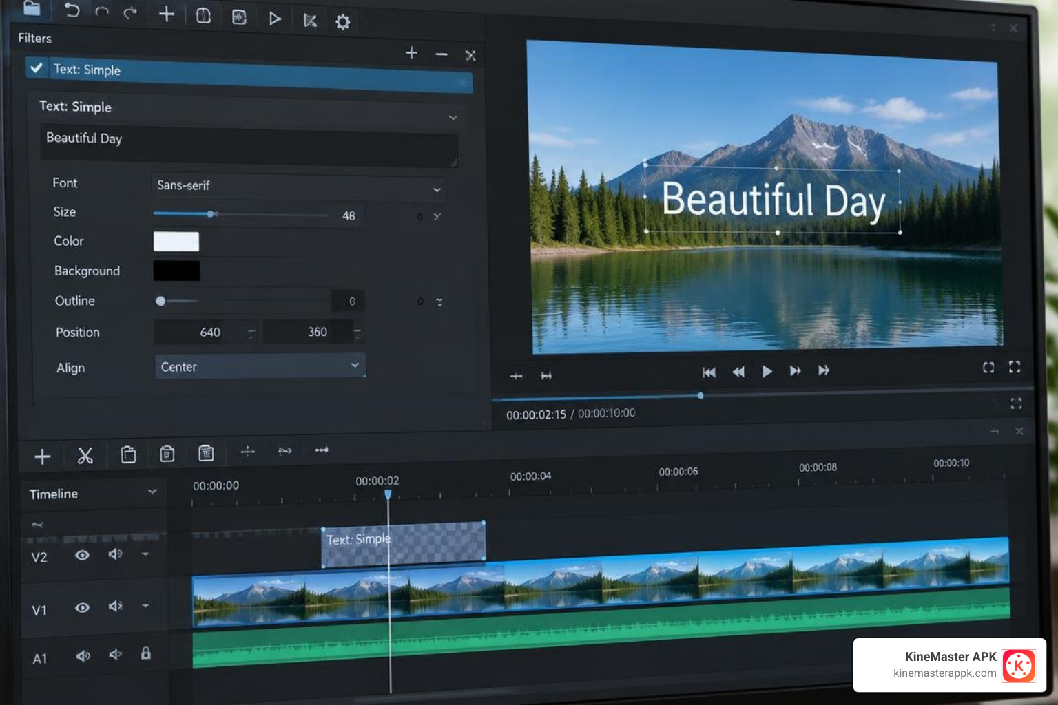 Text Simple filter interface and keyframe timeline in Shotcut